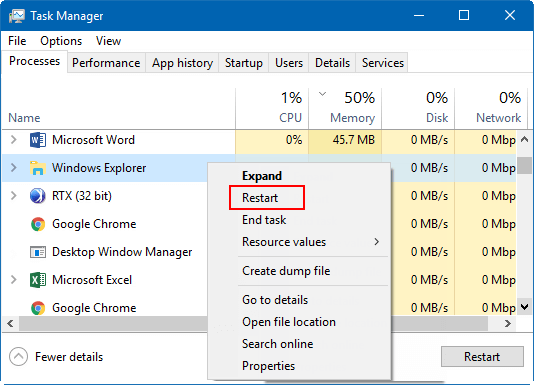 重新启动 Windows 资源管理器