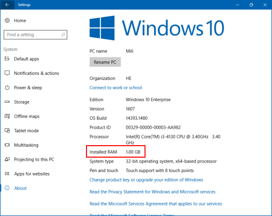 Windows 10 设置中的 RAM