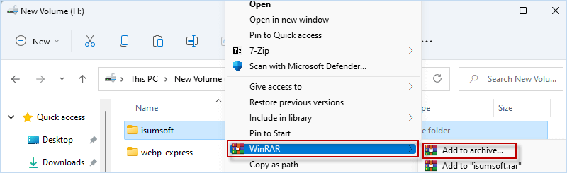 右键单击文件夹并选择 WinRAR > 添加到压缩文件