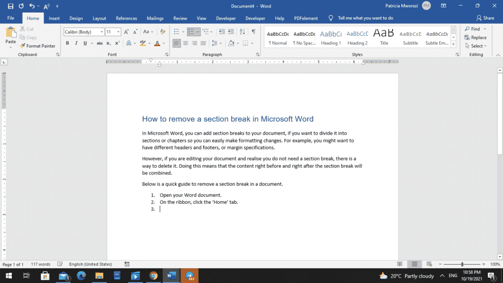 如何删除Microsoft Word中的分节符
