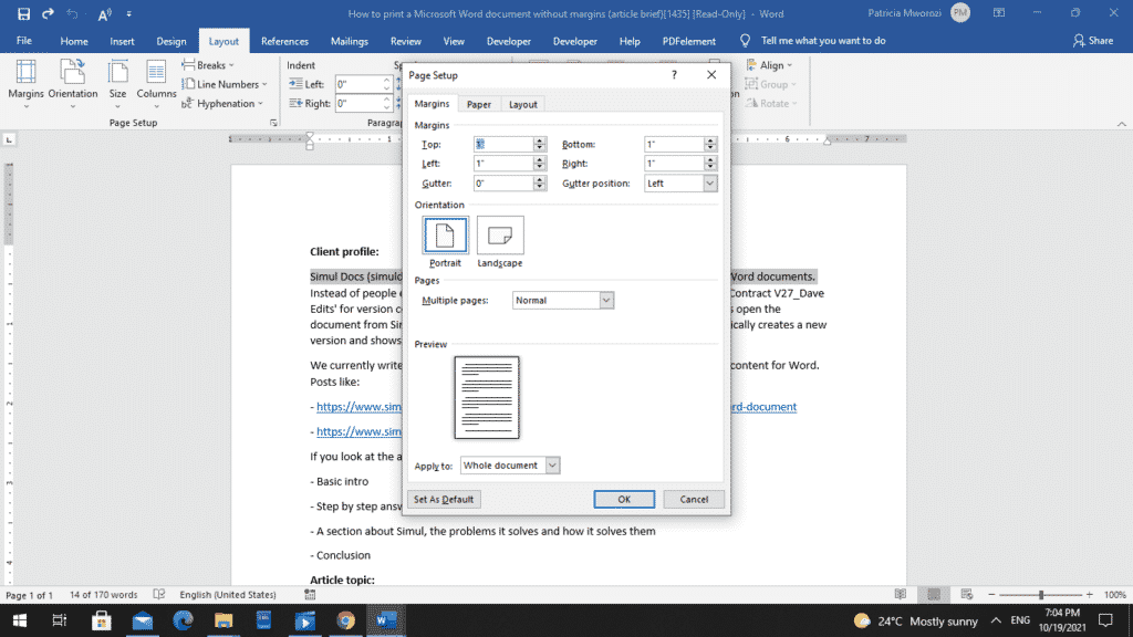 如何打印没有边距的Microsoft Word文档